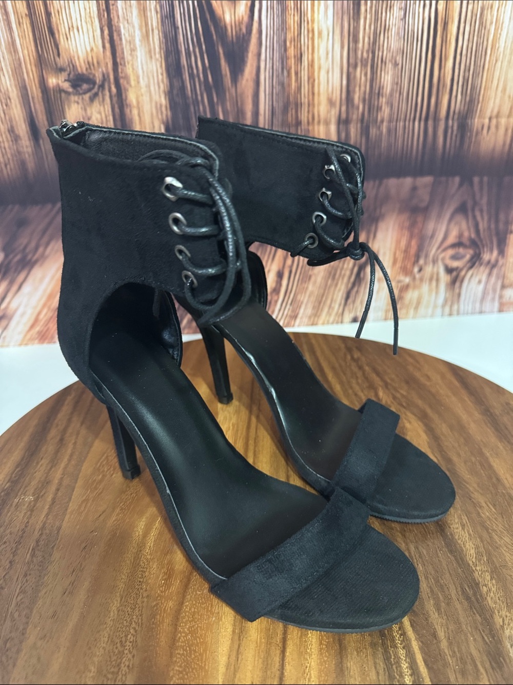 Black Lace-Up Ankle Strap Stiletto Heels